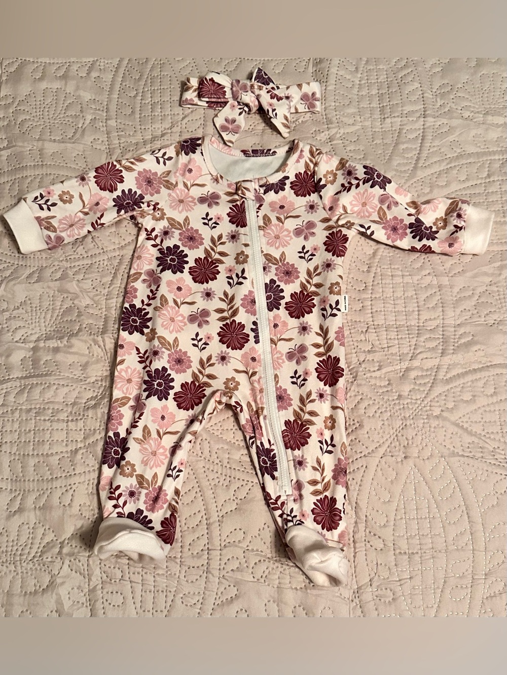 Floral Purple Baby Girls Textured Snap Footy 1-3 mon w/ tie headband/bow